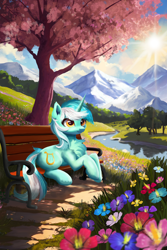 Size: 3600x5400 | Tagged: safe, artist:allegrenix, lyra heartstrings, pony, unicorn, g4, absurd resolution, bench, chest fluff, crepuscular rays, ear fluff, female, flower, forest, grass, grass field, horn, leg fluff, mare, mountain, nature, outdoors, river, scenery, sitting, smiling, solo, sun, tree, water