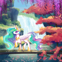 Size: 1800x1800 | Tagged: safe, artist:allegrenix, princess celestia, alicorn, pony, g4, bridge, crown, ethereal mane, ethereal tail, falling leaves, female, flowing mane, flowing tail, folded wings, grass, hoof shoes, horn, jewelry, lake, leaves, mare, nature, outdoors, peytral, princess shoes, profile, raised hoof, regalia, scenery, scenery porn, smiling, solo, sparkles, tail, tree, water, waterfall, wing fluff, wings