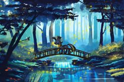 Size: 2700x1800 | Tagged: safe, artist:allegrenix, zecora, firefly (insect), insect, zebra, g4, bridge, everfree forest, female, forest, high res, nature, outdoors, profile, reflection, river, scenery, side view, solo, tree, water