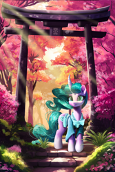 Size: 3600x5400 | Tagged: safe, artist:allegrenix, mistmane, pony, unicorn, g4, absurd resolution, clothes, crepuscular rays, curved horn, female, forest, grass, horn, mare, nature, outdoors, scenery, solo, torii, tree, younger
