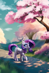 Size: 1800x2700 | Tagged: safe, artist:allegrenix, rarity, pony, unicorn, g4, cloud, dappled sunlight, female, grass, high res, horn, mare, nature, outdoors, pavement, raised hoof, scenery, sky, solo, tree, walking