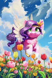 Size: 3600x5400 | Tagged: safe, artist:allegrenix, pipp petals, pegasus, pony, g5, absurd resolution, adorapipp, chest fluff, cloud, coat markings, colored eyebrows, colored hooves, colored wings, cute, diadem, ear fluff, eyebrows, female, flower, flower field, flying, gold hooves, heart, heart eyes, hooves, jewelry, leg fluff, looking at you, mare, meadow, outdoors, regalia, sky, smiling, smiling at you, socks (coat markings), solo, spread wings, tulip, unshorn fetlocks, white wings, wingding eyes, wings