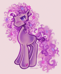 Size: 894x1070 | Tagged: safe, artist:onionpwder, wysteria, earth pony, pony, g3, blushing, colored eyelashes, colored pinnae, curly mane, curly tail, eyelashes, female, flower, flower in hair, flower in tail, heart, heart mark, long mane, long tail, mare, multicolored mane, multicolored tail, pink background, purple coat, purple eyes, signature, simple background, smiling, solo, standing, tail, tall, wingding eyes