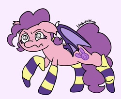 Size: 1200x986 | Tagged: safe, artist:bloodysticktape, oc, oc only, oc:beetard, bat pony, clothes, freckles, need hugs, not pinky, pink pony, purple background, simple background, socks, solo, striped socks
