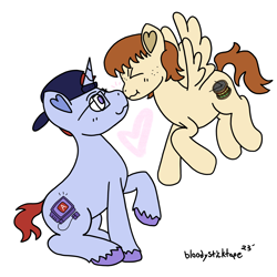 Size: 2100x2100 | Tagged: safe, artist:bloodysticktape, oc, oc:burger bee, pegasus, unicorn, boop, heart, horn, simple background, white background