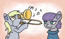 Size: 1249x762 | Tagged: safe, artist:bloodysticktape, derpy hooves, maud pie, g4, holiday, music, trombone, valentine's day