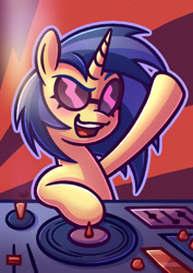 Size: 1240x1748 | Tagged: safe, artist:doozoo, dj pon-3, vinyl scratch, pony, unicorn, g4, abstract background, blushing, color palette challenge, female, glasses, hoof in air, horn, limited palette, mare, open mouth, open smile, signature, smiling, solo, turntable, vinyl's glasses