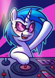 Size: 1240x1748 | Tagged: safe, alternate version, artist:doozoo, dj pon-3, vinyl scratch, pony, unicorn, g4, abstract background, blushing, female, glasses, hoof in air, horn, mare, open mouth, open smile, signature, smiling, solo, turntable, vinyl's glasses