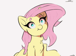 Size: 1714x1277 | Tagged: safe, artist:skitsroom, fluttershy, pegasus, pony, g4, :t, animated, beanbrows, blank stare, chest fluff, colored eyebrows, eyebrows, female, gif, gun, half body, looking at you, mare, no pupils, pump action, shotgun, simple background, solo, weapon, white background, wing hands, wing hold, wings