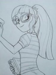 Size: 3072x4096 | Tagged: safe, artist:public mistake, sci-twi, twilight sparkle, human, equestria girls, g4, blushing, book, cute, female, glasses, grayscale, looking at you, looking back, monochrome, nerd, pencil drawing, smiling, smiling at you, solo, traditional art, twiabetes, wip