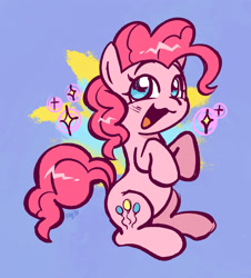 Size: 1734x1921 | Tagged: safe, artist:doozoo, pinkie pie, earth pony, pony, g4, :3, blue background, cute, diapinkes, female, happy, mare, open mouth, open smile, raised hooves, signature, simple background, smiling, solo, sparkles