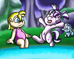 Size: 3000x2400 | Tagged: safe, artist:saburodaimando, starlight glimmer, trixie, oc, oc:wanda young, human, pony, unicorn, belly button, clothes, cute, eyes closed, female, filly, filly starlight glimmer, filly trixie, glimmerbetes, horn, human oc, lake, night, open mouth, pigtails, starlight glimmer day, swimsuit, warcraft, water, world of warcraft, younger