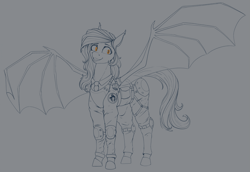 Size: 2311x1594 | Tagged: safe, artist:stray prey, oc, oc only, oc:flare, bat pony, pony, bat pony oc, bat wings, clothes, female, knee pads, mare, smiling, solo, spread wings, uniform, wings