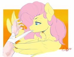 Size: 2472x1905 | Tagged: safe, artist:thelunarmoon, fluttershy, human, pegasus, pony, g4, bandage, colored sketch, disembodied hand, female, hand, mare, mouth hold, offscreen character, sketch, solo focus