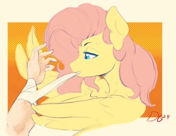 Size: 2472x1905 | Tagged: safe, alternate version, artist:thelunarmoon, fluttershy, human, pegasus, pony, g4, bandage, colored sketch, disembodied hand, female, hand, mare, mouth hold, offscreen character, sketch, solo focus
