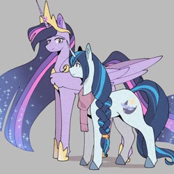 Size: 1024x1024 | Tagged: safe, artist:daisyle, twilight sparkle, oc, oc:nightshine, alicorn, pony, unicorn, clothes, duo, duo female, female, gray background, height difference, horn, looking at each other, looking at someone, mare, not gleaming shield, older, older twilight, older twilight sparkle (alicorn), princess twilight 2.0, scarf, simple background, smiling, smiling at each other, twilight sparkle (alicorn)