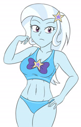 Size: 1774x2775 | Tagged: safe, artist:sumin6301, trixie, human, equestria girls, g4, belly, belly button, bikini, blue panties, blue underwear, bow, breasts, busty trixie, clothes, eyebrows, eyelashes, female, hairpin, hand on hip, high res, hips, legs, legs together, long hair, looking at you, no pants, panties, purple bow, serious, sexy, simple background, solo, standing, swimsuit, tank top, thighs, trixie's beach shorts swimsuit, underwear, white background, white hair