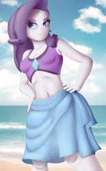 Size: 2584x4181 | Tagged: safe, artist:azuretto, rarity, human, equestria girls, g4, my little pony equestria girls: better together, beach, belly button, clothes, female, hand on hip, high res, midriff, ocean, rarity's purple bikini, sarong, solo, swimsuit, water