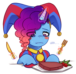 Size: 2541x2485 | Tagged: safe, artist:maren, misty brightdawn, pony, unicorn, g5, food, fork, glowing, glowing horn, horn, knife, low poly, meat, pomni, ponies eating meat, ponified, simple background, solo, the amazing digital circus, white background