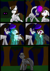 Size: 904x1280 | Tagged: safe, artist:askhypnoswirl, oc, original species, pegasus, pony, unicorn, comic, forest, hiding in bushes, horn, hypno eyes, hypnosis, hypnotized, kaa eyes, nature, night, petrification, soul vore, tongue out, tree, vore