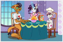 Size: 1772x1181 | Tagged: safe, artist:inuhoshi-to-darkpen, capper dapperpaws, rarity, sweetie belle, abyssinian, cat, pony, unicorn, anthro, digitigrade anthro, g4, bathrobe, blushing, bowl, breakfast, cereal, cereal box, chair, cheek fluff, chef's hat, clothes, coffee, commission, cooking, crossed hooves, drink, drinking, ear fluff, elbow fluff, eyebrows, eyebrows visible through hair, female, filly, fire, fluffy, foal, food, glowing, glowing horn, hat, hock fluff, horn, implied shipping, leg fluff, levitation, magic, male, mare, mug, neck fluff, rarity is not amused, robe, sheepish grin, shirt, shoulder fluff, siblings, simpsons did it, sisters, sitting, spoon, surprised, sweat, sweatdrop, sweetie belle can't cook, sweetie fail, table, tail, tail wrap, telekinesis, trio, unamused, unshorn fetlocks, wide eyes, window