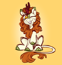 Size: 2000x2100 | Tagged: safe, artist:crimmharmony, autumn blaze, kirin, g4, cloven hooves, colored, female, front view, gradient background, grin, mare, one eye closed, raised hoof, simple background, sitting, sketch, smiling, solo, wink, yellow background