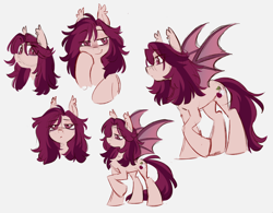 Size: 2712x2112 | Tagged: safe, artist:crimmharmony, oc, oc only, oc:crimm harmony, bat pony, blushing, facial expressions, long hair, nonbinary, raised hoof, sketch, sketch dump, spread wings, standing, wings