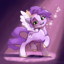 Size: 2048x2048 | Tagged: safe, artist:pfeffaroo, pipp petals, pegasus, pony, g5, my little pony: a new generation, adorapipp, colored hooves, cute, diadem, female, gold hooves, headset mic, high res, hooves, jewelry, looking at you, mare, microphone, music notes, open mouth, open smile, raised hoof, raised leg, regalia, smiling, smiling at you, solo, spread wings, standing on two hooves, unshorn fetlocks, wings