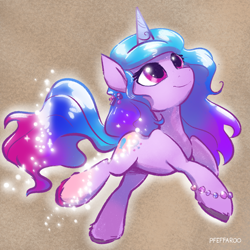 Size: 2048x2048 | Tagged: safe, artist:pfeffaroo, izzy moonbow, pinkie pie, earth pony, pony, unicorn, g4, g5, character to character, female, g4 to g5, generation leap, high res, horn, izzy and her heroine, mare, smiling, solo, the new pinkie pie, transformation, unshorn fetlocks