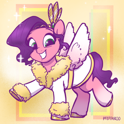 Size: 2048x2048 | Tagged: safe, artist:pfeffaroo, pipp petals, pegasus, pony, g5, adorapipp, bathrobe, clothes, colored hooves, cute, diadem, female, gold hooves, grin, high res, hooves, jewelry, looking at you, mare, raised hoof, raised leg, regalia, robe, smiling, smiling at you, solo, sparkles, spread wings, standing on two hooves, unshorn fetlocks, wings