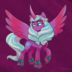 Size: 2048x2048 | Tagged: safe, artist:pfeffaroo, opaline arcana, alicorn, pony, g5, abstract background, colored hooves, curved horn, eyebrows, eyeshadow, female, high res, horn, lidded eyes, looking away, looking sideways, makeup, mare, raised hoof, smiling, smug, smug smile, solo, spread wings, standing, textured background, turned head, unshorn fetlocks, wings