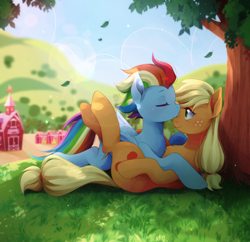 Size: 2048x1986 | Tagged: safe, artist:applesartt, applejack, rainbow dash, earth pony, pegasus, pony, g4, the last problem, colored eyebrows, duo, duo female, eyebrows, eyes closed, falling leaves, female, folded wings, freckles, grass, hatless, high res, kissing, leaves, legs in air, lesbian, lying down, mare, missing accessory, older, older appledash, older applejack, older rainbow dash, on back, outdoors, ship:appledash, shipping, signature, smiling, snuggling, sweet apple acres, tree, wings