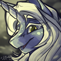 Size: 2000x2000 | Tagged: safe, artist:stardustspix, oc, oc only, oc:cloud collapse, pony, unicorn, bust, colored eyebrows, colored eyelashes, eyebrows, eyebrows visible through hair, high res, horn, looking at you, portrait, smiling, smiling at you, solo