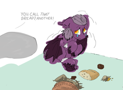 Size: 4213x3099 | Tagged: safe, artist:ponny, oc, bat pony, pony, basket, bread, crying, food, male, pointing, shivering, solo, speech bubble, text