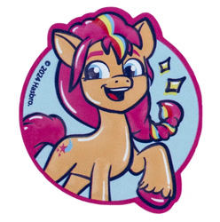Size: 460x463 | Tagged: safe, sunny starscout, earth pony, g5, official, 2d, badge, concave belly, cute, cyrillic, looking away, merchandise, multicolored hair, photo, rainbow hair, raised hoof, smiling, sunnybetes, ukrainian
