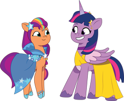 Size: 2149x1743 | Tagged: safe, artist:prixy05, sunny starscout, twilight sparkle, alicorn, earth pony, pony, g4, g5, my little pony: tell your tale, clothes, clothes swap, dress, duo, duo female, female, g4 to g5, gala dress, generation leap, mare, simple background, sunny and her heroine, transparent background, twilight sparkle (alicorn), vector