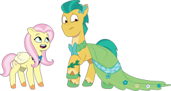 Size: 3080x1636 | Tagged: safe, artist:prixy05, fluttershy, hitch trailblazer, earth pony, pegasus, pony, g4, g5, my little pony: tell your tale, bowtie, clothes, clothes swap, crossdressing, dress, duo, duo male and female, female, g4 to g5, gala dress, generation leap, hitch and his 2nd heroine, male, mare, simple background, stallion, transparent background, vector