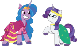 Size: 2692x1610 | Tagged: safe, artist:prixy05, izzy moonbow, rarity, pony, unicorn, g4, g5, my little pony: tell your tale, clothes, clothes swap, dress, duo, duo female, female, g4 to g5, gala dress, generation leap, horn, izzy and her second heroine, mare, simple background, transparent background, vector