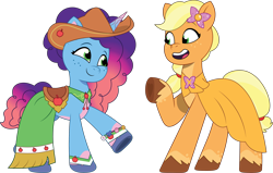Size: 2348x1489 | Tagged: safe, artist:prixy05, applejack, misty brightdawn, earth pony, pony, unicorn, g4, g5, my little pony: tell your tale, applejack's hat, clothes, clothes swap, cowboy hat, dress, duo, duo female, female, g4 to g5, gala dress, generation leap, hat, horn, mare, misty and her second heroine, rebirth misty, simple background, transparent background, vector