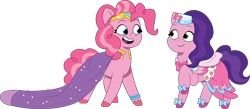Size: 3001x1304 | Tagged: safe, artist:prixy05, pinkie pie, pipp petals, earth pony, pegasus, pony, g4, g5, my little pony: tell your tale, bracelet, clothes, clothes swap, dress, duo, duo female, female, g4 to g5, gala dress, generation leap, jewelry, looking at each other, looking at someone, mare, open mouth, open smile, pipp and her 2nd heroine, pipp is short, pipp is smol, simple background, smiling, smolpie, teeth, transparent background, unshorn fetlocks, vector
