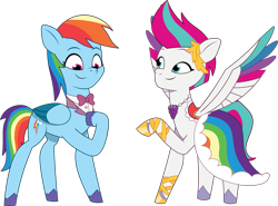 Size: 2081x1539 | Tagged: safe, artist:prixy05, rainbow dash, zipp storm, pegasus, pony, g4, g5, my little pony: tell your tale, adorazipp, bowtie, clothes, clothes swap, cute, dashabetes, dress, duo, duo female, female, g4 to g5, gala dress, generation leap, looking at someone, mare, rainbow dash always dresses in style, simple background, smiling, transparent background, unshorn fetlocks, vector, zipp and her heroine, zipp storm always dresses in style