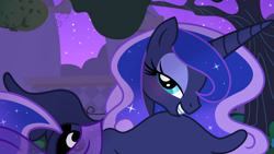 Size: 1920x1080 | Tagged: safe, artist:cstrawberrymilk, princess luna, alicorn, pony, g4, blushing, butt, female, looking at you, looking back, mare, missing accessory, night, plot, seductive look, solo