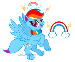 Size: 1063x885 | Tagged: safe, artist:muhammad yunus, rainbow dash, oc, oc:rainbow eevee, eevee, pegasus, base used, cutie mark, lightning, looking at you, movie accurate, open mouth, open smile, pokémon, rainbow, reference sheet, simple background, smiling, solo, transparent background, watermark