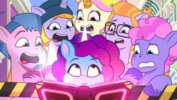Size: 1920x1080 | Tagged: safe, screencap, cherry prancer, misty brightdawn, sugarpuff lilac, vanilla swirl, earth pony, pegasus, pony, unicorn, cracked it, g5, my little pony: tell your tale, spoiler:g5, spoiler:my little pony: tell your tale, spoiler:tyts02e09, book, cute, female, horn, magic, male, mare, mistybetes, open mouth, pennon (g5), rebirth misty, scared, shocked, stallion, surrounded, telekinesis, unnamed character, unnamed pony