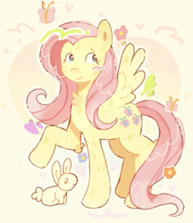 Size: 1400x1622 | Tagged: safe, artist:fortnightmast69, fluttershy, butterfly, pegasus, pony, rabbit, g4, abstract background, animal, female, mare, raised hoof, solo, standing