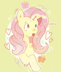 Size: 1185x1389 | Tagged: safe, artist:fortnightmast69, fluttershy, butterfly, pegasus, pony, g4, female, heart, mare, raised hoof, simple background, solo, standing, tongue out