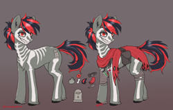 Size: 2500x1600 | Tagged: safe, artist:zephyrsplume, oc, oc only, oc:grave danger, earth pony, pony, bodypaint, bone, clothes, gradient background, grin, multicolored mane, multicolored tail, red eyes, reference sheet, shrunken pupils, skeleton, smiling, solo, tail