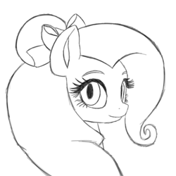 Size: 3024x3024 | Tagged: safe, artist:anythingpony, fluttershy, pegasus, pony, g4, bow, bust, hair bow, hair bun, looking at you, looking back, looking back at you, redraw, smiling, solo, unfinished art