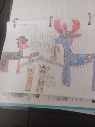 Size: 3000x4000 | Tagged: safe, braeburn, little strongheart, oc, oc:big red, oc:vertabra, fanfic:the bells that are tolling, g4, crossbow, lined paper, parent:pharynx, traditional art, weapon