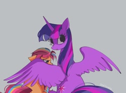 Size: 1440x1058 | Tagged: safe, artist:petaltwinkle, sunny starscout, twilight sparkle, alicorn, earth pony, pony, g4, g5, alternate eye color, duo, duo female, eye clipping through hair, female, frown, gray background, height difference, horn, long horn, looking down, mane stripe sunny, mare, multicolored mane, multicolored tail, open mouth, orange coat, protecting, purple coat, signature, simple background, size difference, spread wings, sunny and her heroine, tail, twilight sparkle (alicorn), wing shelter, wingding eyes, wings
